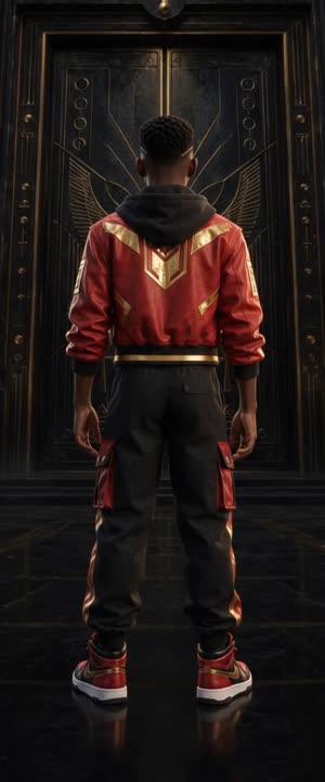 Approved boy avatar, rear view, in red and gold