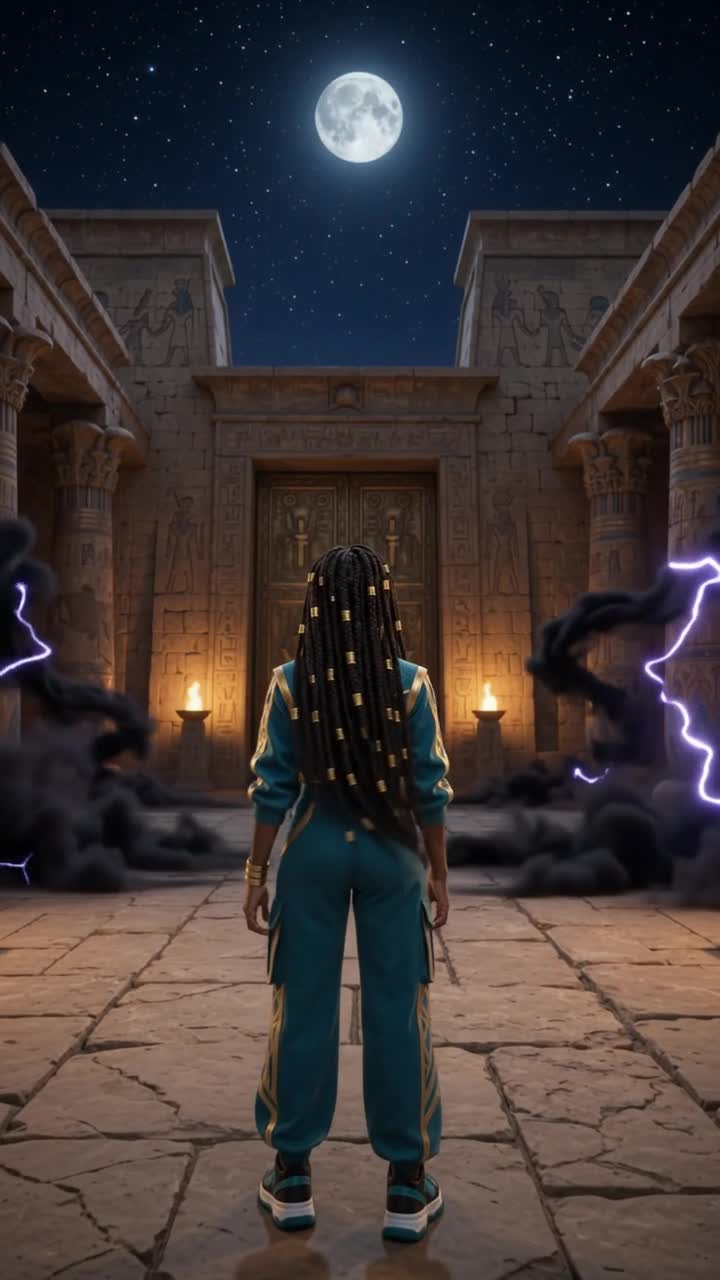Girl with long braids in teal and gold
